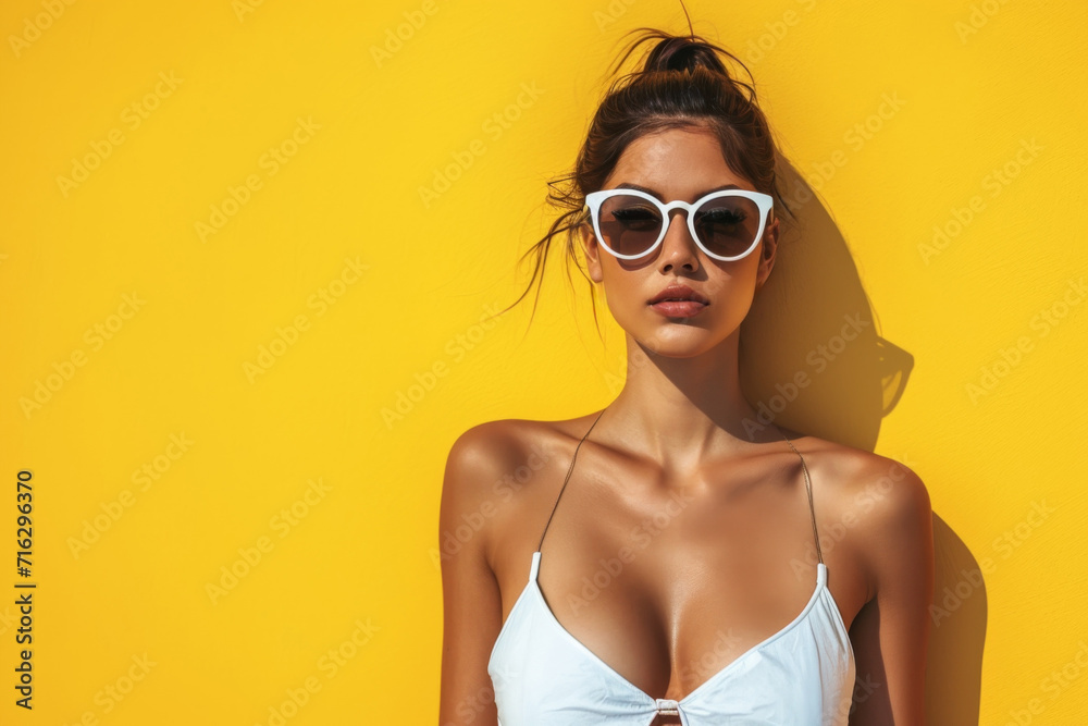 Young Woman In White Bikini, Stylish Sunglasses On Yellow Background Young Woman In White Bikini, Stylish Sunglasses On Yellow Background