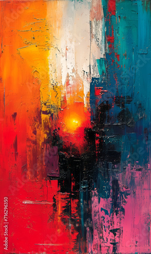 Abstract background, oil painting on canvas, red, blue, orange.