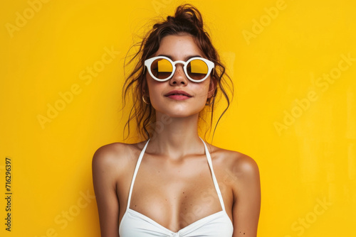 Fashionable Blonde Woman Posing In White Bikini And Trendy Sunglasses Against Yellow Background