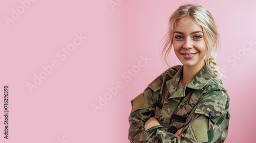 Blonde woman in Paramilitary Forces uniform isolated on pastel background