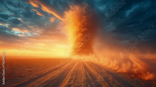 a sand tornado in the middle of a bright desert during the day, with sand passing through the air.