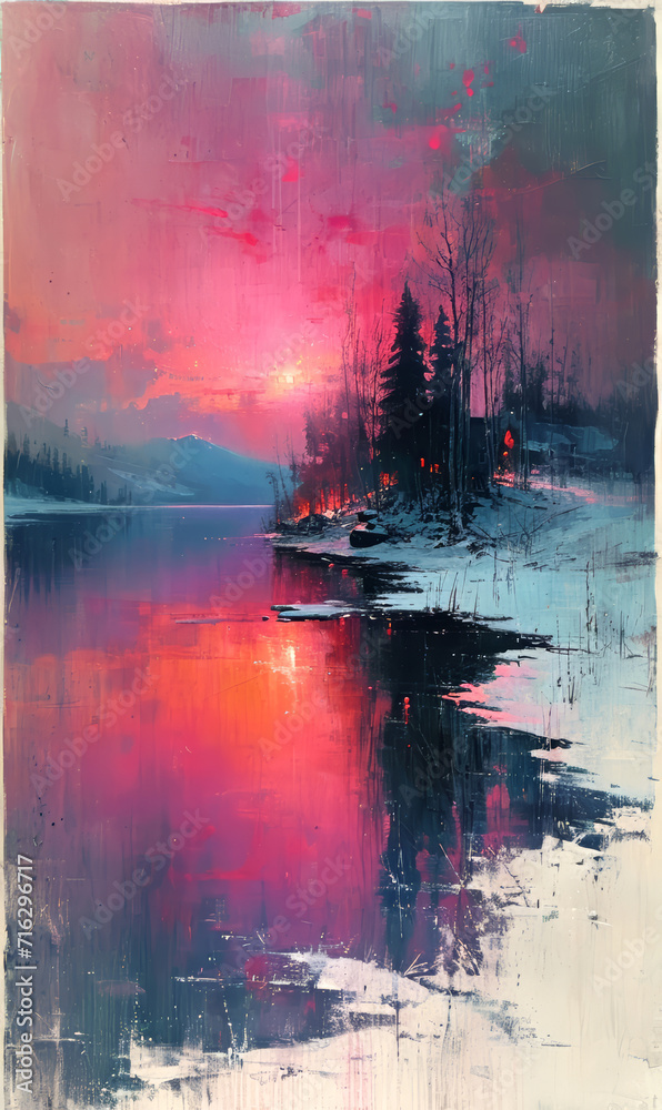 Beautiful sunset over the lake. Colorful painting.