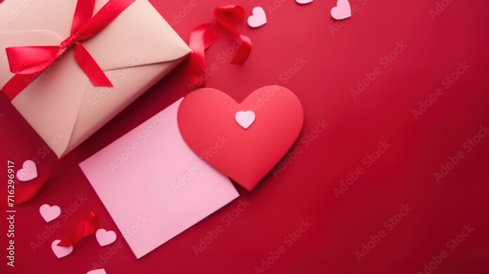 Top view of valentine day gift and envelope on red background.