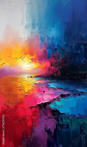 Abstract digital painting of the wall with sunset and reflection in water.