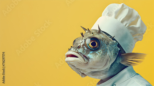 Fish Wearing a Chef Hat in a Culinary Setting