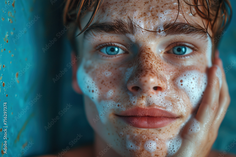 Skin care, men's daily hygiene. Portrait of a handsome guy with freckles washing his face with moisturizing foam in bathroom and looking at camera Skin care, men's daily hygiene. Portrait of a handsome guy with freckles washing his face with moisturizing foam in bathroom and looking at camera