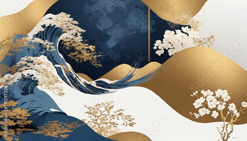 Chinese traditional landscape painting in grunge blue and gold brush strokes. AI generated