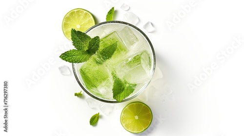 mojito cocktail, Caipirinha, lemon, lime with mint leaves, placed on white backdrop with empty space. menu concept. generative AI