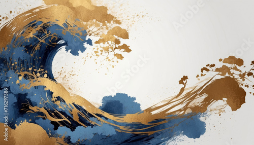 Chinese traditional landscape painting in grunge blue and gold brush strokes. AI generated