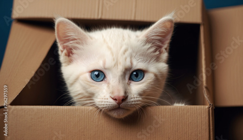 Cute smiling white Kitten with blue eyes in cardboard. AI generated