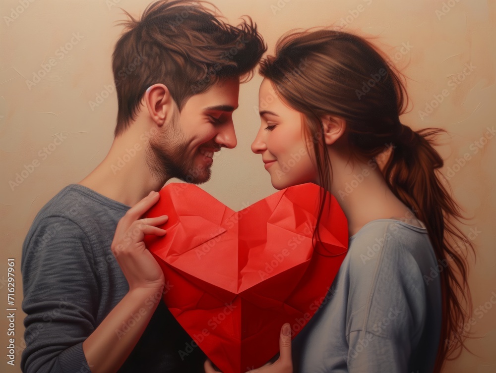 Couple sharing love in valentine with red heart Couple sharing love in valentine with red heart