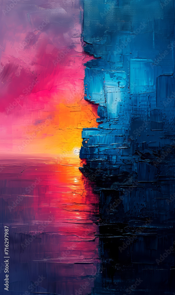 Abstract digital painting of the wall with sunset and reflection in water.