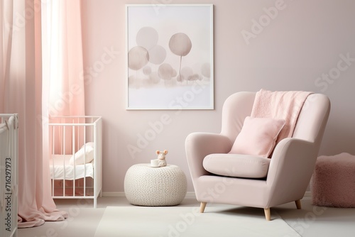 A pink and white themed nursery with a modern armchair, a crib, and an ottoman. Sunlight is streaming in through the window, creating a warm and inviting atmosphere.