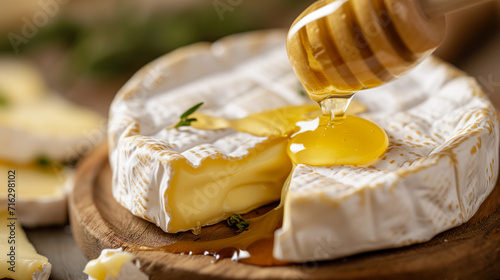 Delicious Camembert Cheese with Honey Close Up