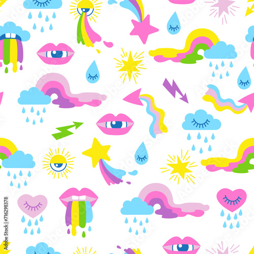 Hand drawn vector seamless pattern of neon. Psychedelic weather elements in a flat cartoon style on a white background