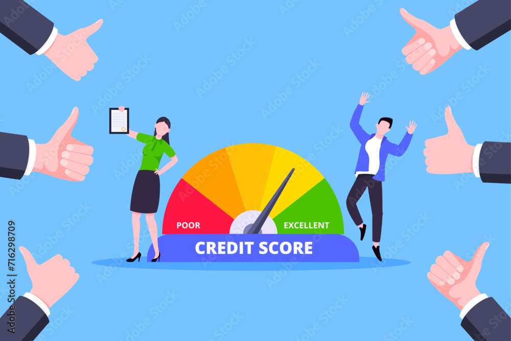 People beside credit score arrow gauge speedometer indicator with color ...