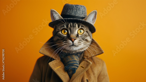 Playful Cat in Stylish Coat and Hat
