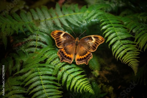 A butterfly resting on a fern. Generative AI