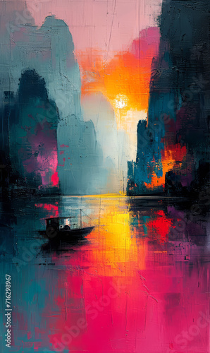 Abstract painting of the sun setting through the clouds on the river.