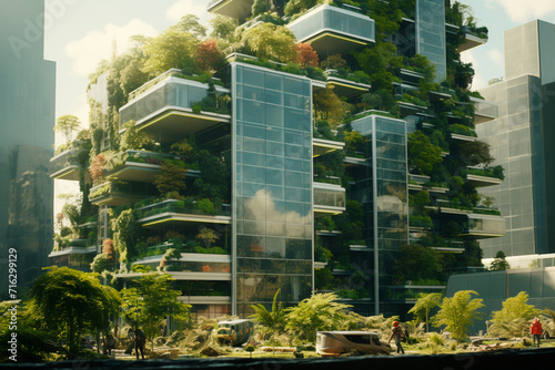 Bosco Verticale, a close up view at the modern and ecological skyscrapers with many trees on each balcony. Modern architecture, vertical gardens, terraces with  transparent background Generative Ai photo