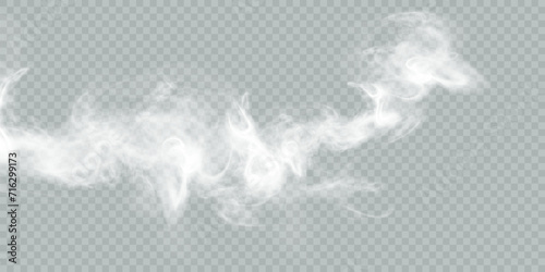 Realistic smoke clouds. A stream of smoke from burning objects. Transparent fog effect. White steam, fog. Vector design element.