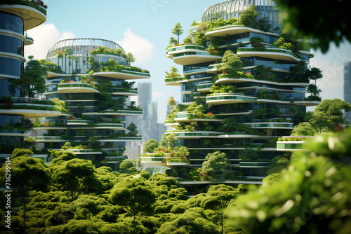 Architecture of the future, a ruined city overgrown with greenery. Concept art, idea for inspiration. 3d rendering of futuristic environmentally friendly green  transparent background Generative Ai