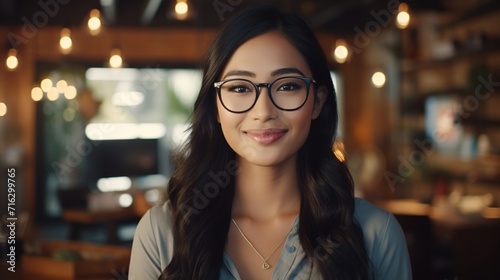 Young Adult Confident Attractive Southeast Asian Woman, Beautiful Lady Wearing Glasses, Close Up 