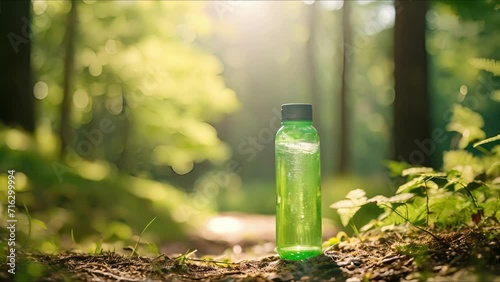 Closeup of a reusable water bottle on a hiking trail, reducing plastic waste.