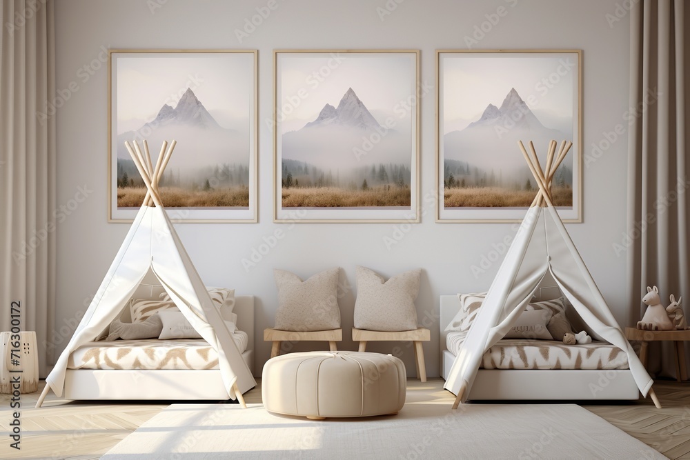 a modern children’s room with a white teepee, wooden bookshelf, and a large photo of a mountain landscape on the wall. The room is decorated with a striped rug and plush toys. a modern children’s room with a white teepee, wooden bookshelf, and a large photo of a mountain landscape on the wall. The room is decorated with a striped rug and plush toys.