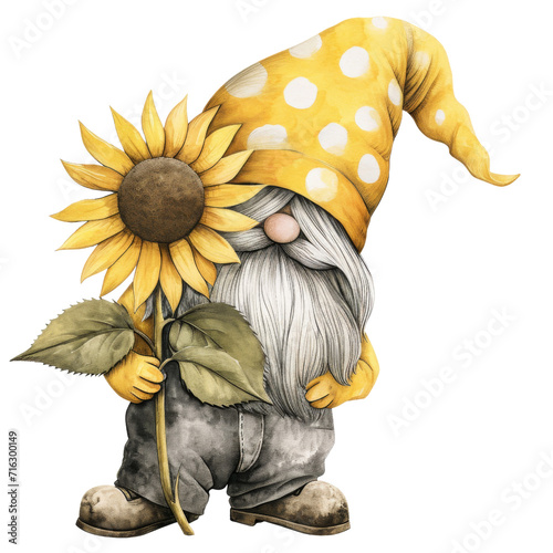 Watercolor illustration of cute yellow gnome with sunflower clipart, Spring season, PNG transparent background.