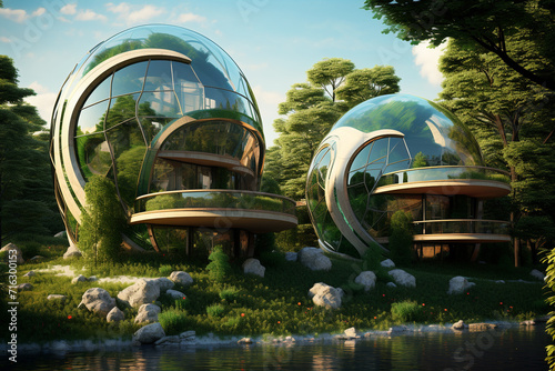 Architecture of the future, a ruined city overgrown with greenery. Concept art, idea for inspiration. 3d rendering of futuristic environmentally friendly green transparent background Generative Ai