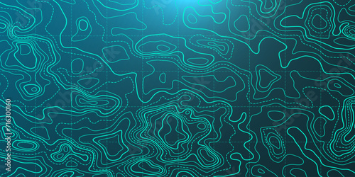 Ocean bottom topographic line map curvy wave isolines vector illustration. Sea depth topographic landscape surface for nautical radar readings. Cartography texture abstract banner relief ocean floor.