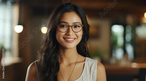 Young Adult Confident Attractive Southeast Asian Woman, Beautiful Lady Wearing Glasses, Close Up 