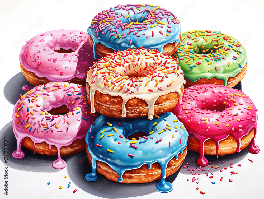 Colorful donuts breakfast composition with different color styles
