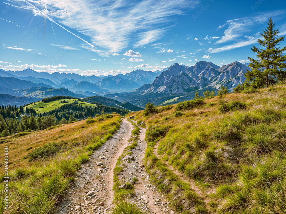 A pristine hiking trail with mountains in the background, beautiful sunny summer day, green grass and trees, no people, nature landscape