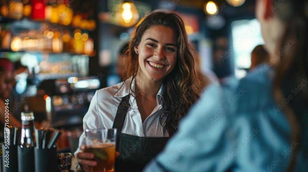 A cheerful waitress, radiating joy, serves drinks with a bright smile, creating a positive atmosphere for customers, embodying exceptional service and hospitality in the restaurant setting