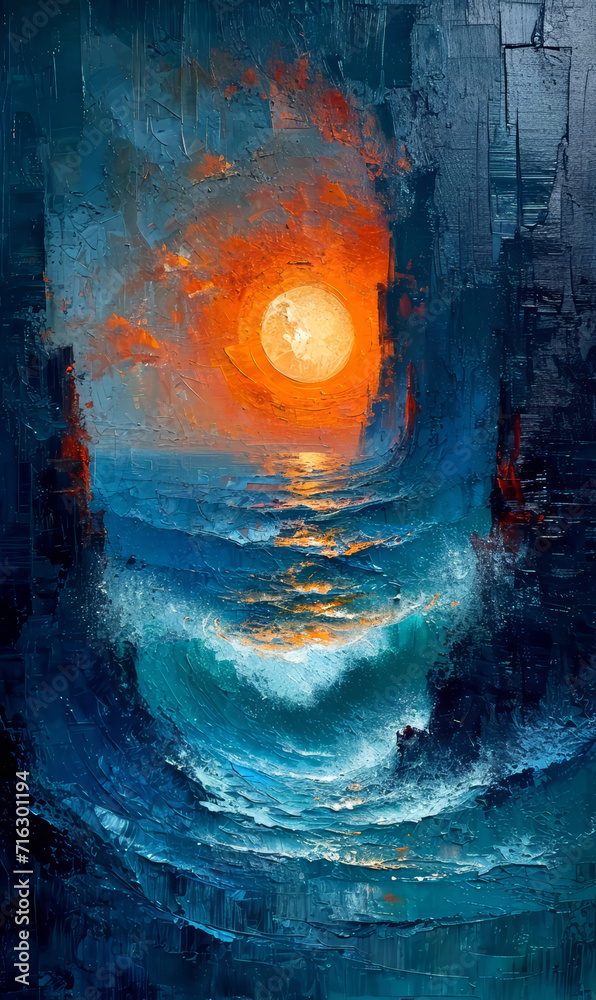 Surreal painting. Digital painting Illustration. Ocean, waves and sun.
