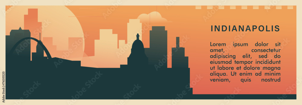 Indianapolis city brutalism vector banner with skyline, cityscape. USA Indiana state retro horizontal illustration. United States of America travel layout for web presentation, header, footer