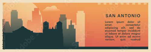 San Antonio city brutalism vector banner with skyline, cityscape. USA state retro horizontal illustration. United States of America travel layout for web presentation, header, footer