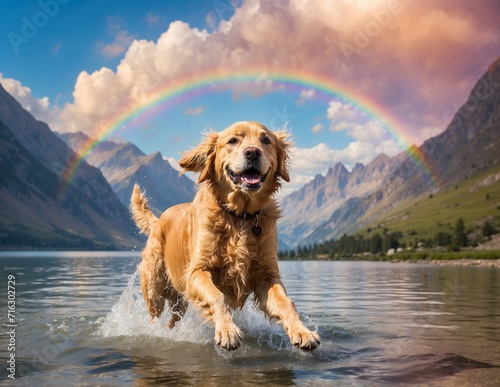 A playful golden retriever splashing in a crystal clear lake, surrounded by towering mountains and a rainbow in the sky.