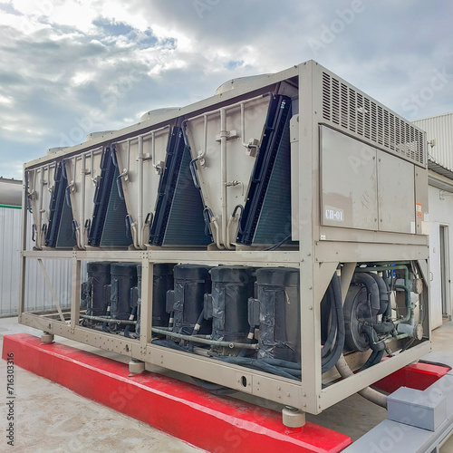 Konstfotografi Sets of cooling towers in data center building.