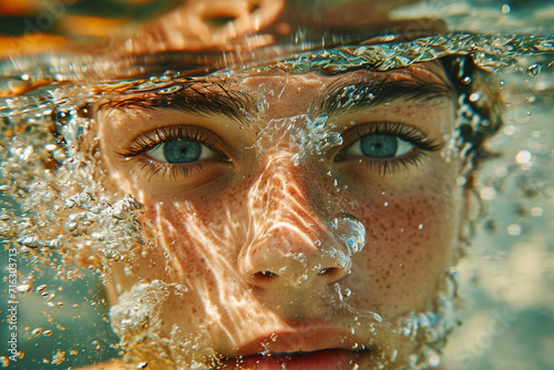 A surreal image where the face is partially submerged in water, distorting the features, © Oleksandr