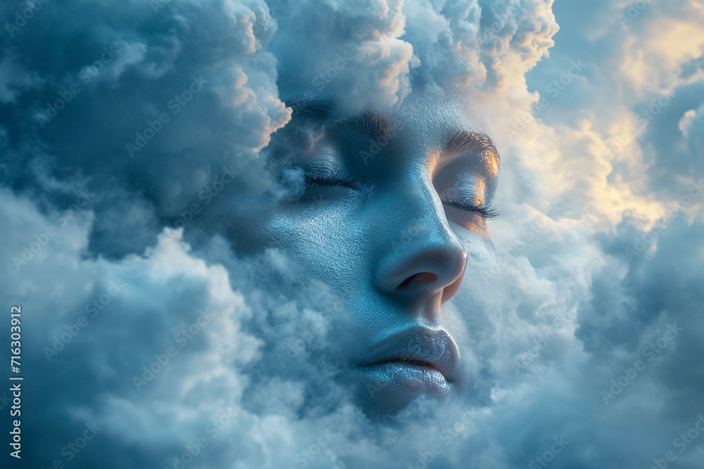 A whimsical portrayal of a face with clouds and sky elements replacing the features, A whimsical portrayal of a face with clouds and sky elements replacing the features,