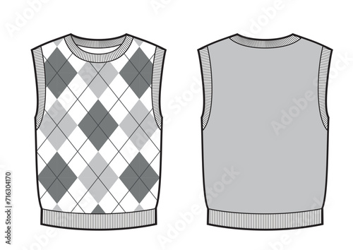 Knitted vest with diamond pattern. Technical sketch.