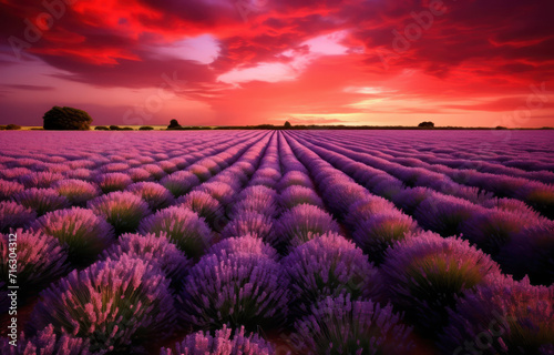 Lavender fields with the sunset above them.