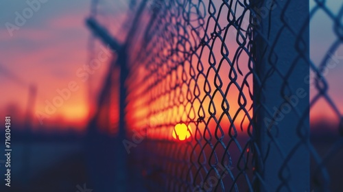 A beautiful sunset with the sun setting behind a chain link fence. Perfect for capturing the beauty of nature and the contrast between man-made structures and the natural world