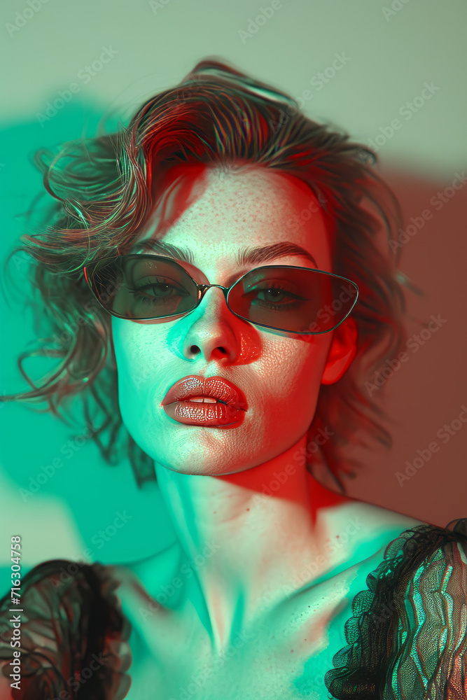 Portrait of a stunning young caucasian woman with a red and cyan light inspired by anaglyph 3D style giving a vintage retro look to the beautiful face of the girl Portrait of a stunning young caucasian woman with a red and cyan light inspired by anaglyph 3D style giving a vintage retro look to the beautiful face of the girl
