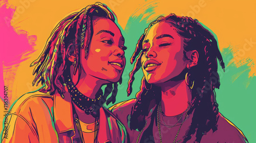 Illustration of a queer gay black couple with dreadlocks in love side view