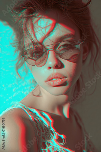 Portrait of a stunning young caucasian woman with a red and cyan light inspired by anaglyph 3D style giving a vintage retro look to the beautiful face of the girl photo