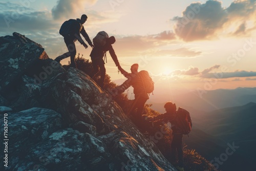A group of people climbing up a mountain. Suitable for adventure, teamwork, and outdoor activity themes